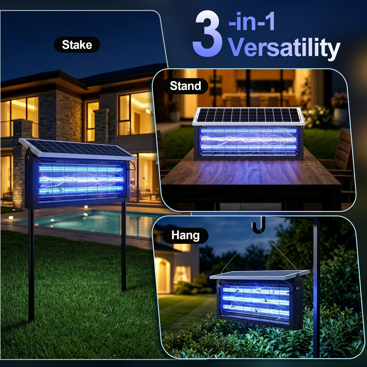 Solar Bug Zapper Outdoor, Mosquito Zapper, Fly Zapper Rechargeable Mosquito Killer, Mosquito Repellent Outdoor for Patio, Backyard, Camping, Waterproof