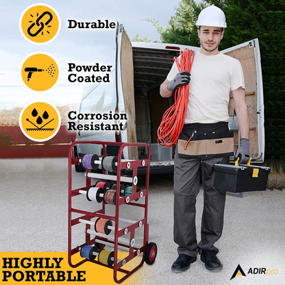 AdirPro Transportable Multiple Axle Cable Caddy - Multi-Spool Wire Rack Dispenser - Easy Use Cable Holder & Distribution - For Workplace Efficiency