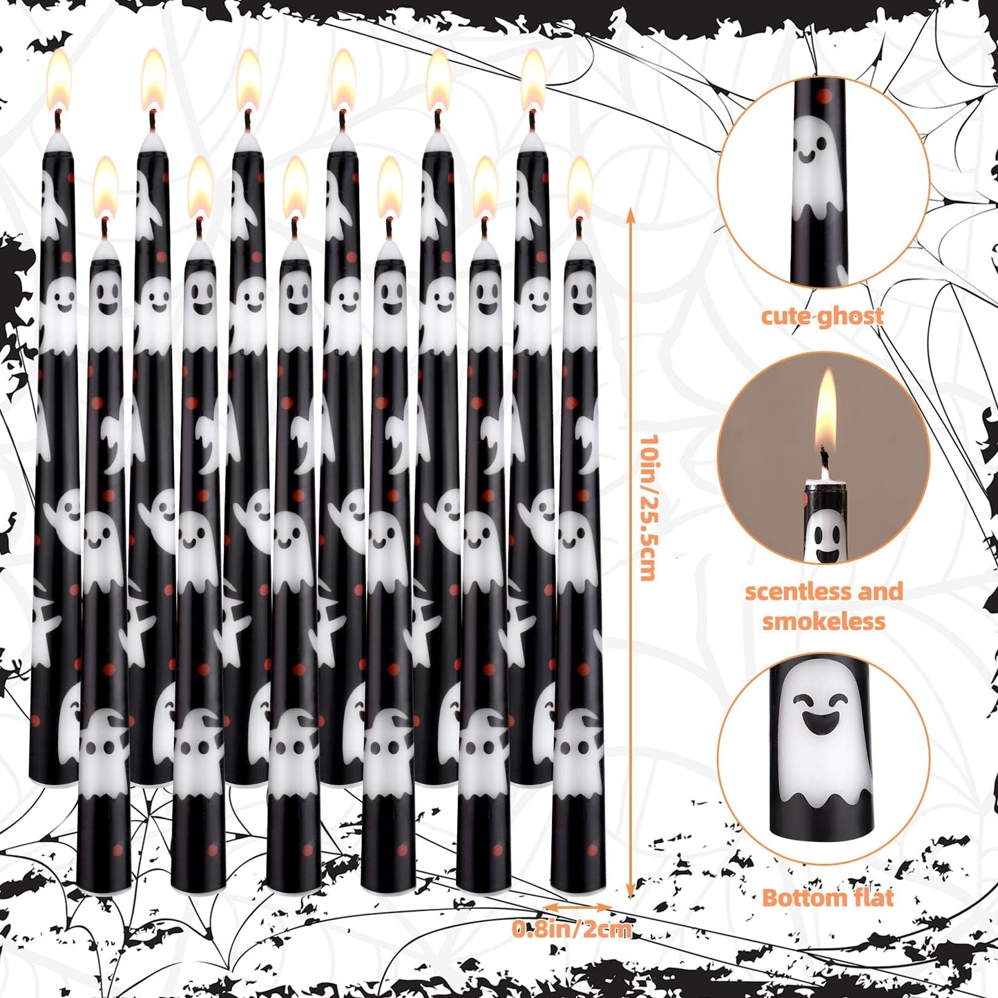 LIUBUJINGYING 12 Pcs 10in Taper Candles Black&White Ghost Taper Candle Unscented Smokeless Long-Last BurnTime Candles Birthday Party Table Centerpieces Decor