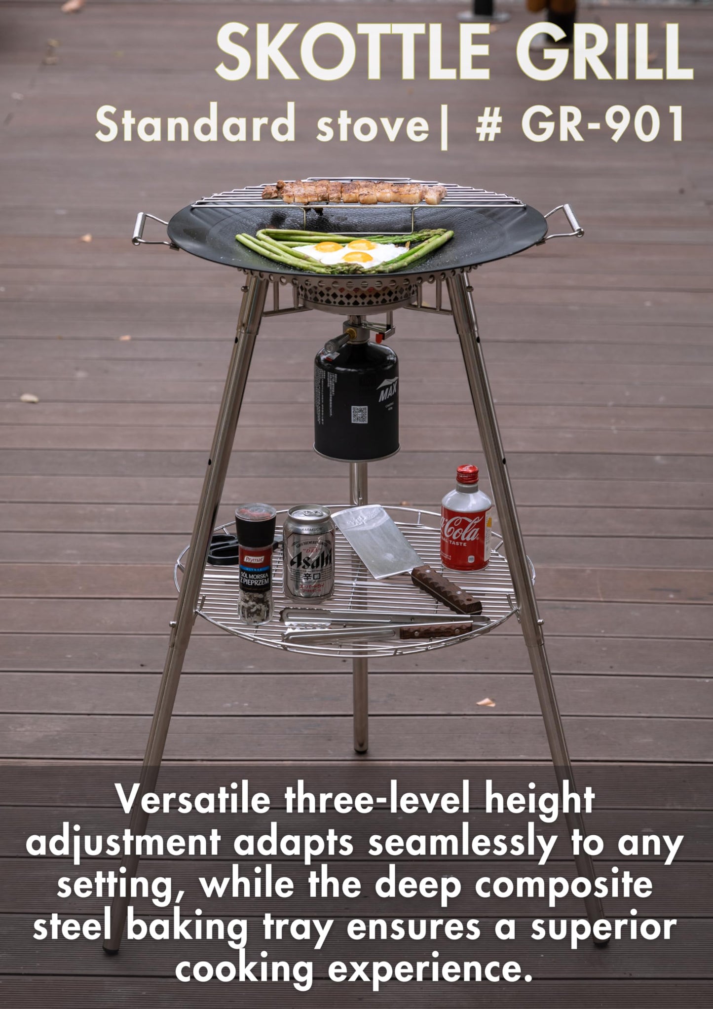CAMPINGMOON Skottle Grill Cooking System Kit 18 inch Carbon Steel Pan Adjustable Legs Portable Camp Cooking Gear with Carry Bag (Skottle isobutane stove set GR-901)