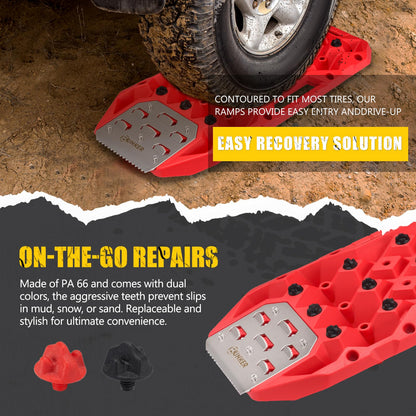 BUNKER INDUST Offroad Traction Boards with Jack Base, Pair Portable Recovery Track Tire Traction Mat - Red Sand,Mud,Snow Tracks(Replaceable Dual Colors Teeth/Rugged Steel Plate), Gen 12th