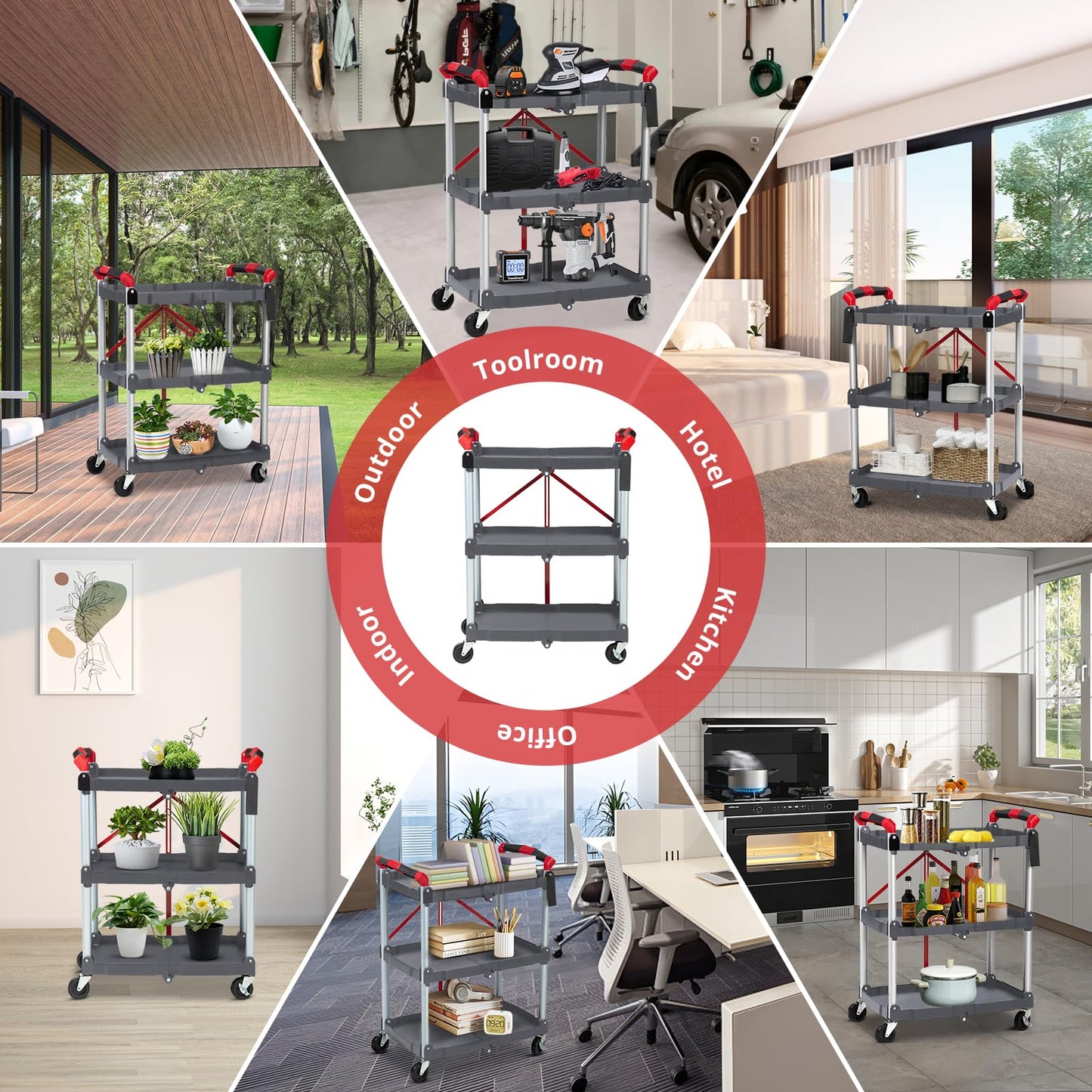 Garvee Collapsible Folding Utility Cart with Wheels, 3 Tier Rolling Service Cart for Kitchen, Office, Shopping, Garage