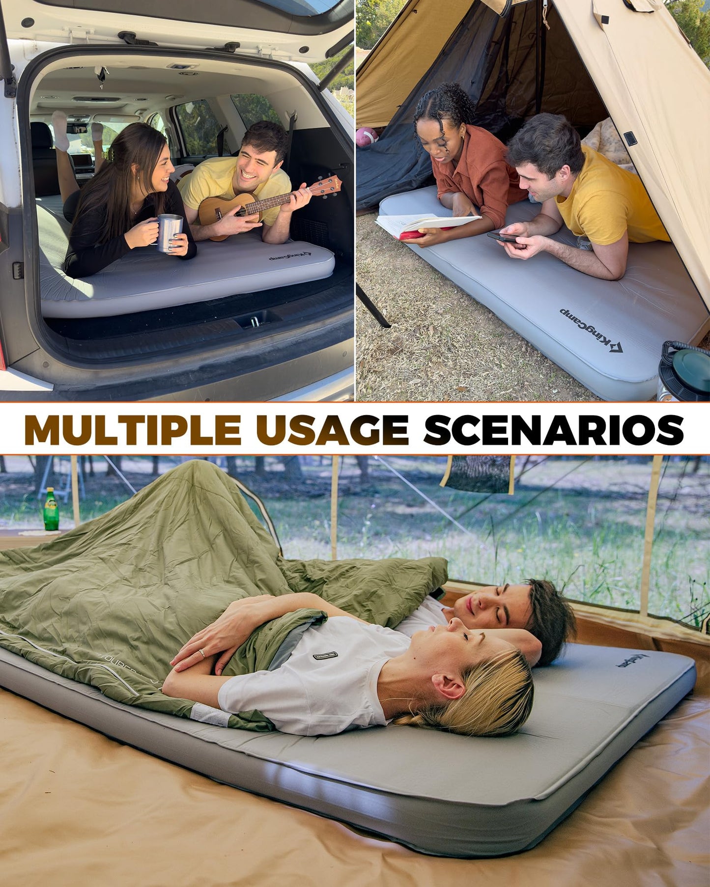KingCamp Premium Double Self Inflating Sleeping Pad with Air Pump, 7.5 R-Value Air & Foam Camping Mattress 2 Person, 3" Thick Full Size Double Insulated Sleeping Pad for Car Camp Tent, PVC Free, Grey