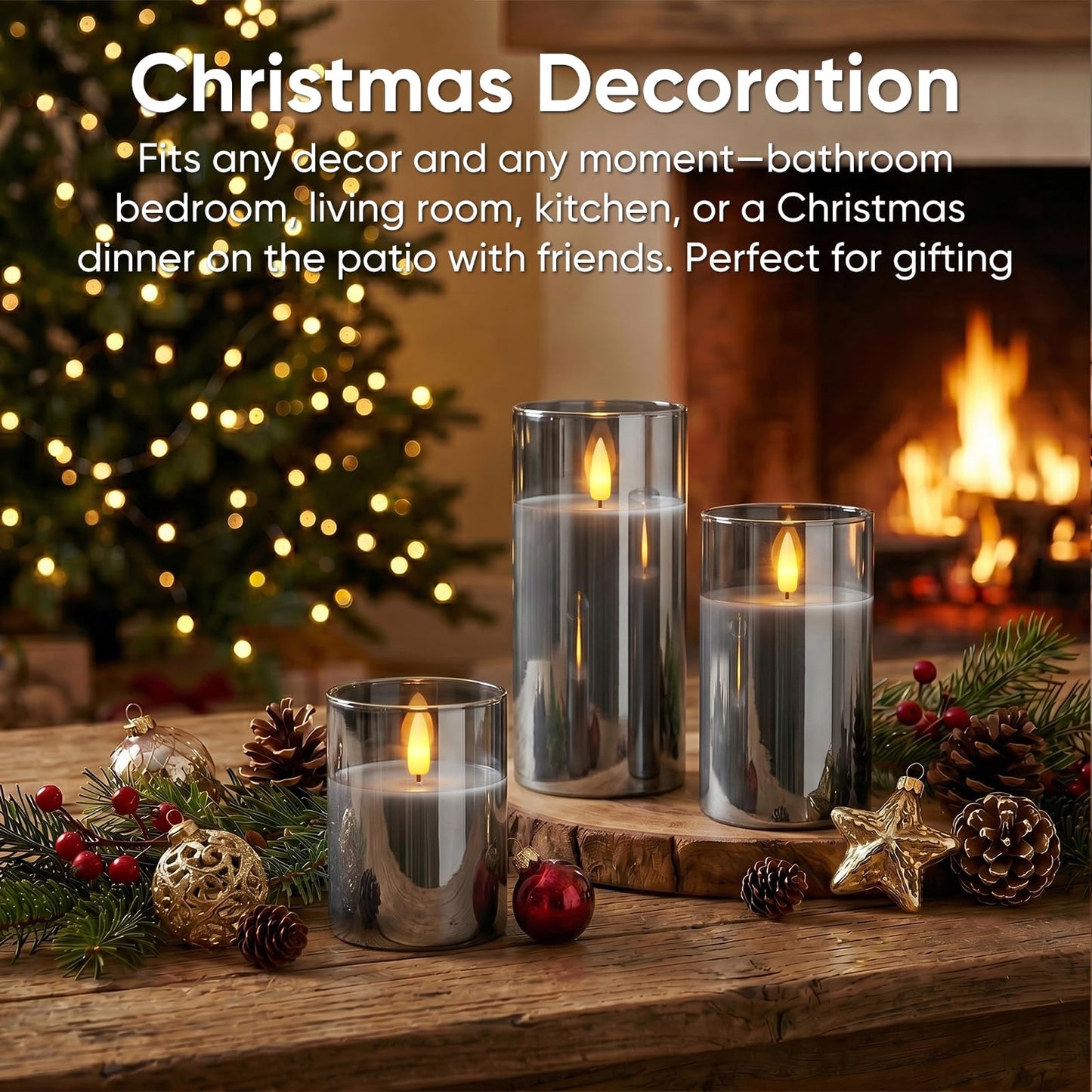 5plots Glass Battery Operated Grey Flameless Candles with Remote Timer, 3D Wick Real Wax Pillar Led Candles Warm Flickering Light for Indoor Home, Halloween, Christmas Decor D3 x H4 5" 6"