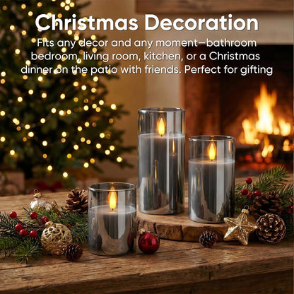 5plots Glass Battery Operated Grey Flameless Candles with Remote Timer, 3D Wick Real Wax Pillar Led Candles Warm Flickering Light for Indoor Home, Halloween, Christmas Decor D3 x H4 5" 6"