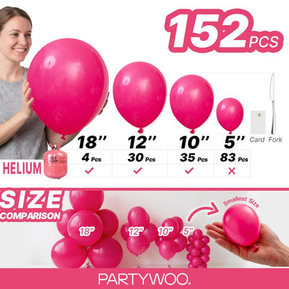 PartyWoo Hot Pink Balloons 152 pcs Different Sizes of 18 12 10 5 Inch Magenta Fuchsia Balloon Arch Kit Garland for Baby Shower Wedding Bridal Shower Anniversary Birthday Party Decorations Pink-Y12