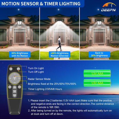 Solar Lights Outdoor, IP66 Waterproof Street Lights Outdoor, 6500K Dusk to Dawn Solar Security Flood Lights Motion Sensor with Remote Control for Yard, Entryway Garage, Porch 4 Pack