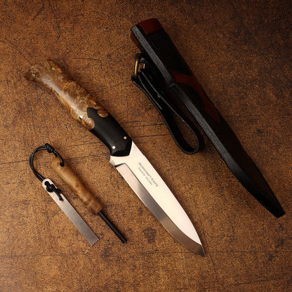 SPIRIT DEED hand forged outdoor camping hunting knife with leather sheath and flint, Sandvik 14C28N steel blade, ergonomic white shadow wood handle