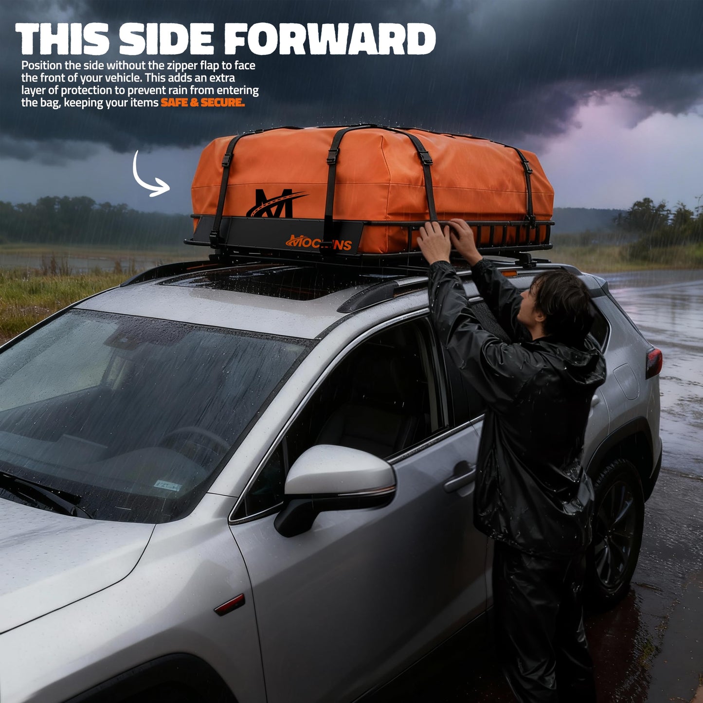 Mockins 50"x36"x4.5" Extendable Rooftop Cargo Carrier & 18 CuFt Orange Waterproof Roof Cargo Bag | 250 Lbs. Capacity Weatherproof SUV & Car Roof Rack Basket with Car Top Carrier Bag & Accessories