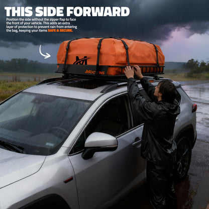 Mockins 50"x36"x4.5" Extendable Rooftop Cargo Carrier & 18 CuFt Orange Waterproof Roof Cargo Bag | 250 Lbs. Capacity Weatherproof SUV & Car Roof Rack Basket with Car Top Carrier Bag & Accessories