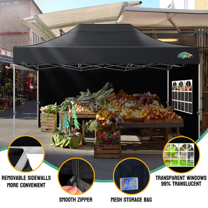 COBIZI 10x15 Heavy Duty Pop Up Canopy Tent with 4 Sidewalls Thicken Frame, Commercial Easy Up Outdoor Wedding Party Tents, All Season Waterproof Windproof with Stakes Sandbags Ropes Bag, Black