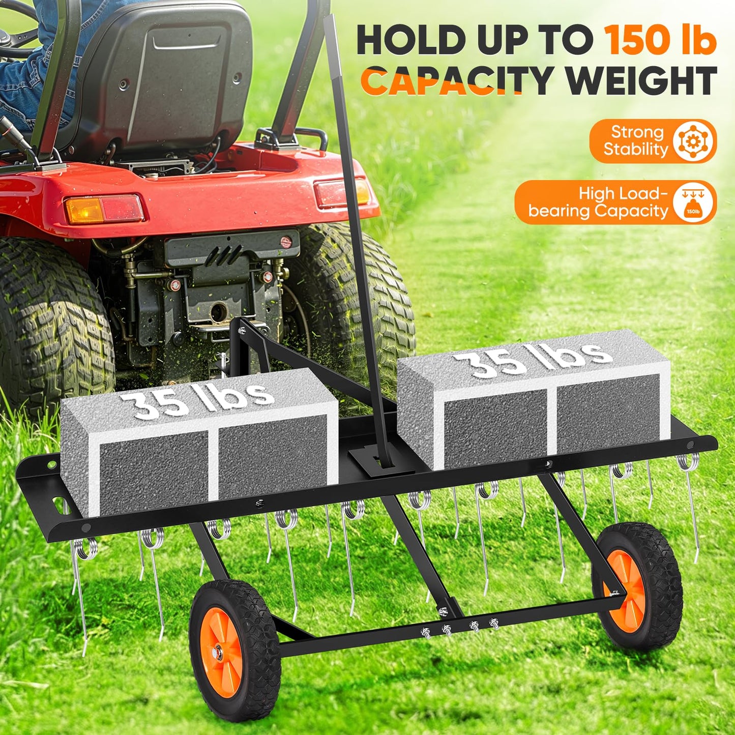 AugFir 48-Inch Tow Behind Dethatcher, Pull Behind Lawn Dethatcher with 20 Spring Steel Tines, Lawn Sweeper Garden Aerator Grass Tractor Rake, Adjustable Hitch Riding Lawn Mower Tractor Attachment