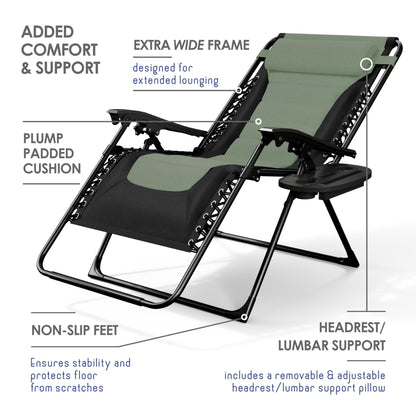 Nestl Outdoor Padded Zero Gravity Chair Set of 2, Patio Lounge Chair Outdoor Recliner, Oversized Anti Gravity Lounger with Adjustable Headrest and Cup Holder, Foldable for Camping- Black/Sage Green