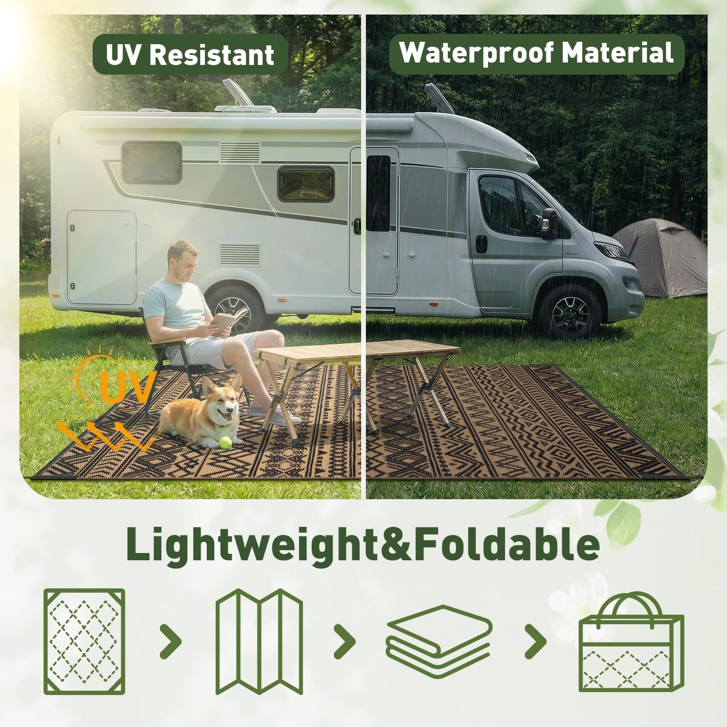 MontVoo Outdoor Rug Carpet Waterproof 9x12 Outdoor Patio Rug Mat Reverisble Plastic Straw Outdoor Rug for RV Camping Picnic Beach Balcony Boho Black Brown Large