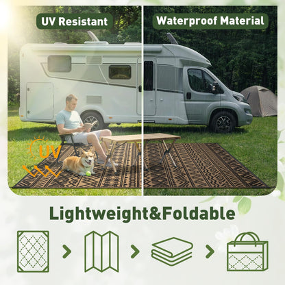 MontVoo Outdoor Rug Carpet Waterproof 9x12 Outdoor Patio Rug Mat Reverisble Plastic Straw Outdoor Rug for RV Camping Picnic Beach Balcony Boho Black Brown Large