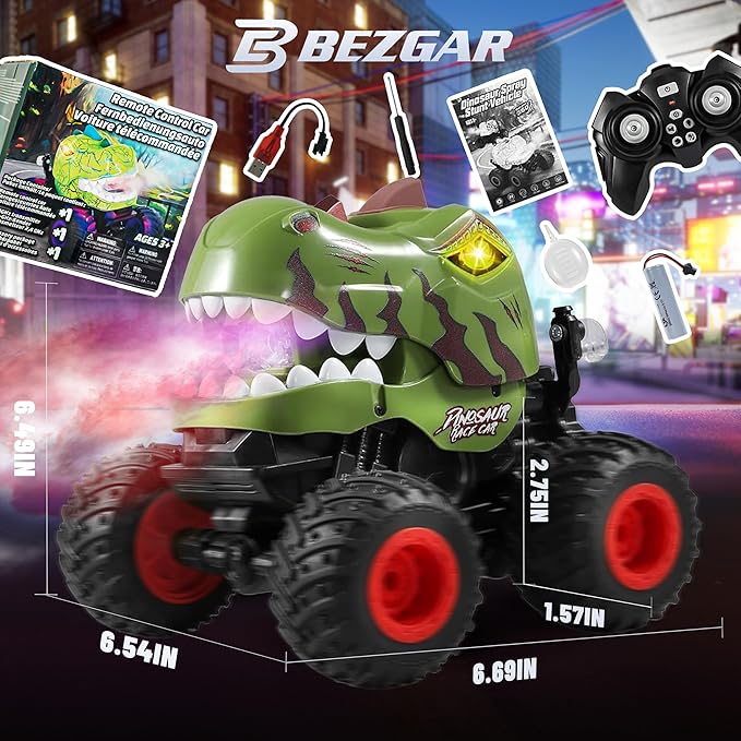 BEZGAR Monster Truck Toys - Remote Control Monster Truck with Spray Light Music Dinosaur Toys for Kids 1:20 Scale RC Truck with 360° Spins and Drifting Remote Control Car for Boys 4-7 Camo Green