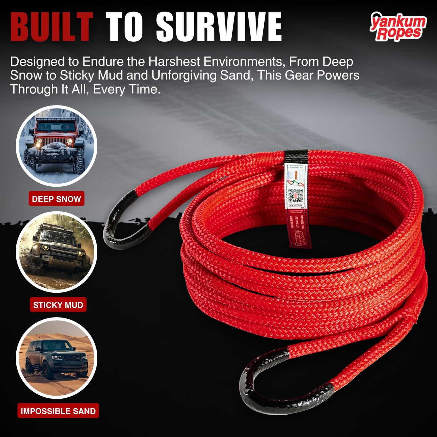 Yankum Kinetic Recovery Rope - Heavy Duty 1/2" x 30' Tow Rope, Off-Road & Vehicle Recovery, Kinetic Energy Ropes for 4x4, Jeep, and Trucks, Made in USA – Racer Series