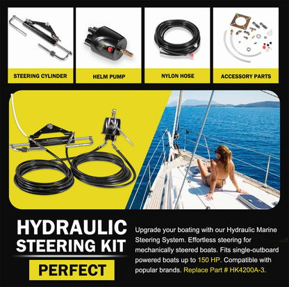 Hydraulic Steering Kit 150HP for Outboard Boat Engines -409.7kgf Output,26.8ft Cuttable Hose,6.9MPa Helm, Dual-Lock Cylinder -For Yamaha/Mercury/Honda/Suzuki/Single Engine Outboards,For 3/4" Tilt Tube