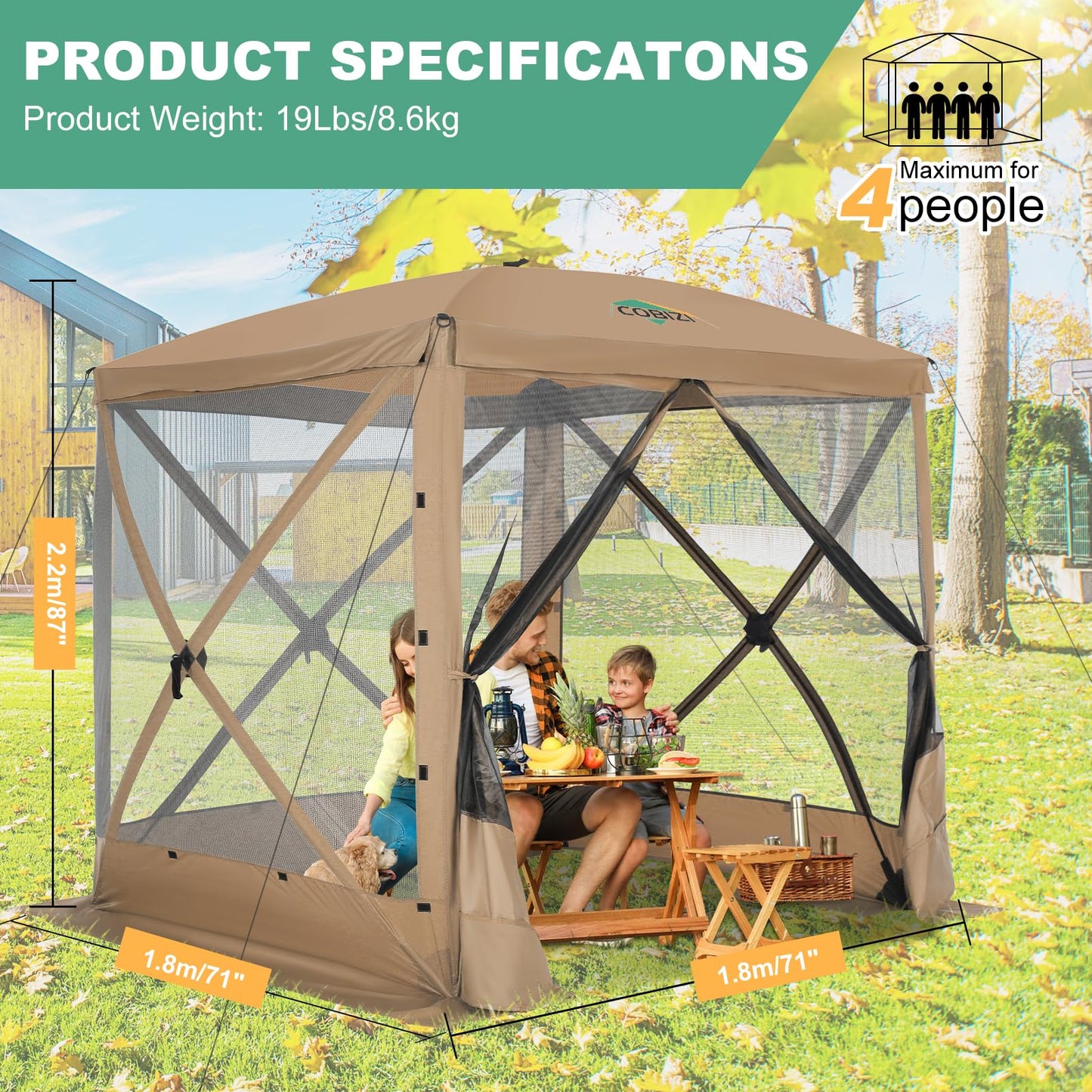 COBIZI 6x6 FT Pop up Gazebo Tent, Waterproof Instant Screen with Mosquito Netting, Portable Outdoor Small Screen Tents Sun Shelter, carpas para Patio for Outdoor Camping, Backyard and Garden, Khaki