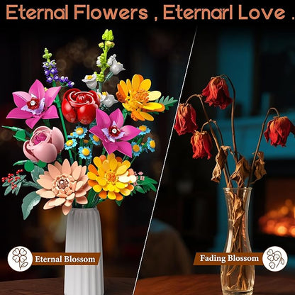 Flowers Bouquet Building Set 891 PCS Artificial Wildflower Botanical Collection Kit for Women Kids Girls Home Office Decor Gift for Mother's Day/Valentine's/Christmas