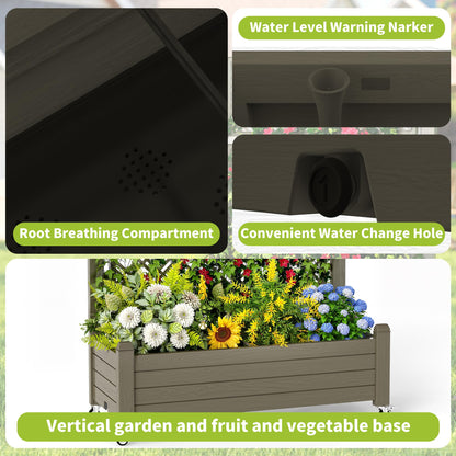 GYMHILL Elevated Raised Garden Bed with Trellis,Outdoor Large Resin Patio Planter Box with Lockable Wheels Drain Plug,Water Monitor for Plants Vegetables Flowers Fruits (Grey, 43.43 * 18.27 * 64.29)
