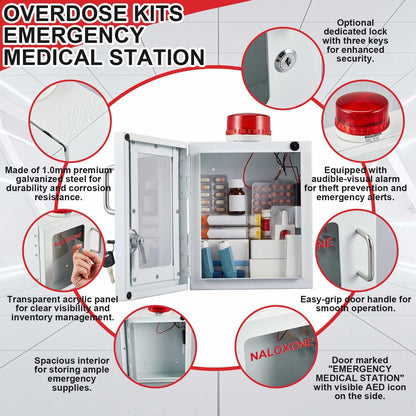 Zonon Naloxone Overdose Emergency Kit Cabinet with Alarm and Locking System 7.5 L x 3.5 W x 9 H First Aid Cabinet Wall Mount Metal Medical Box for Public Space Storage, White
