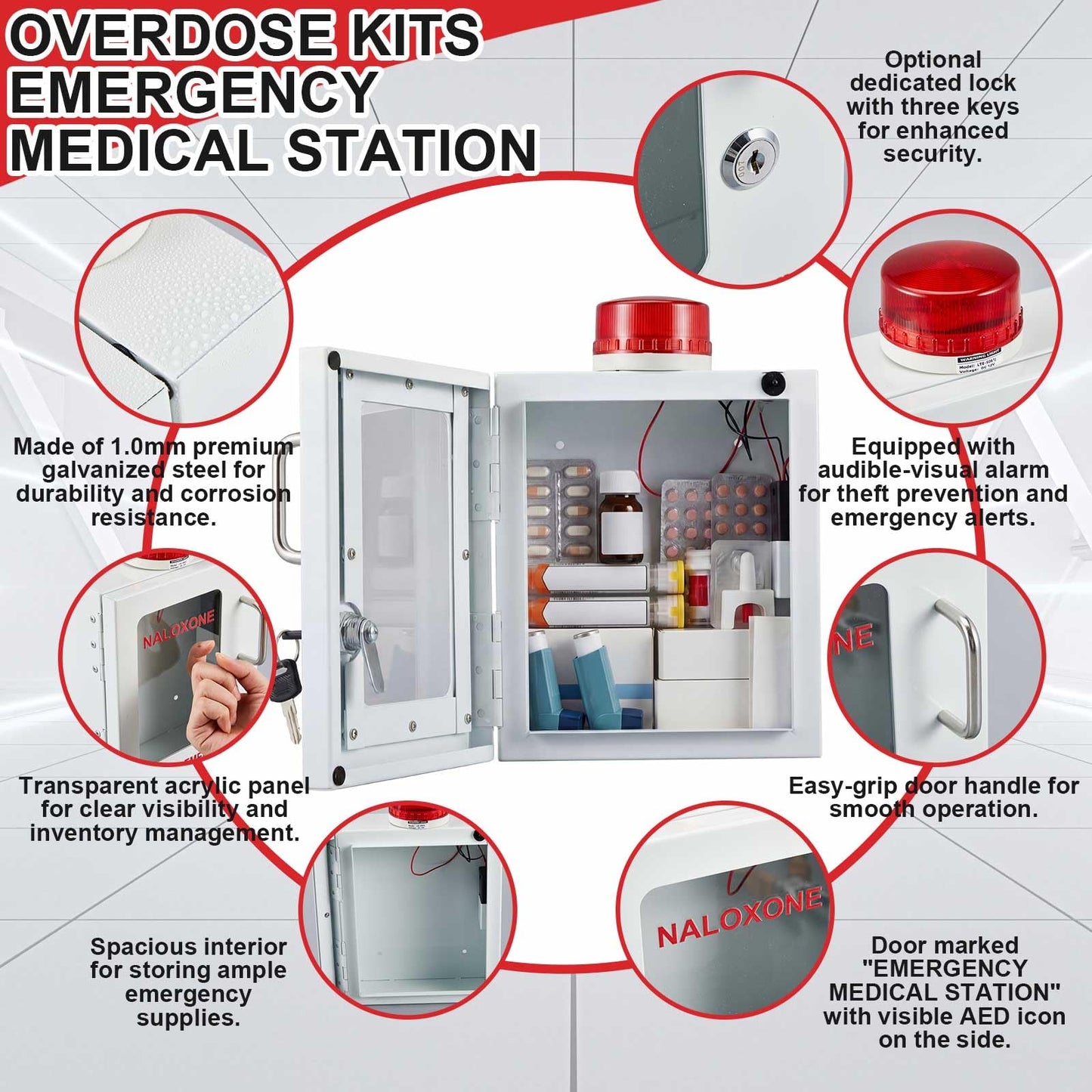 Zonon Naloxone Overdose Emergency Kit Cabinet with Alarm and Locking System 7.5 L x 3.5 W x 9 H First Aid Cabinet Wall Mount Metal Medical Box for Public Space Storage, White