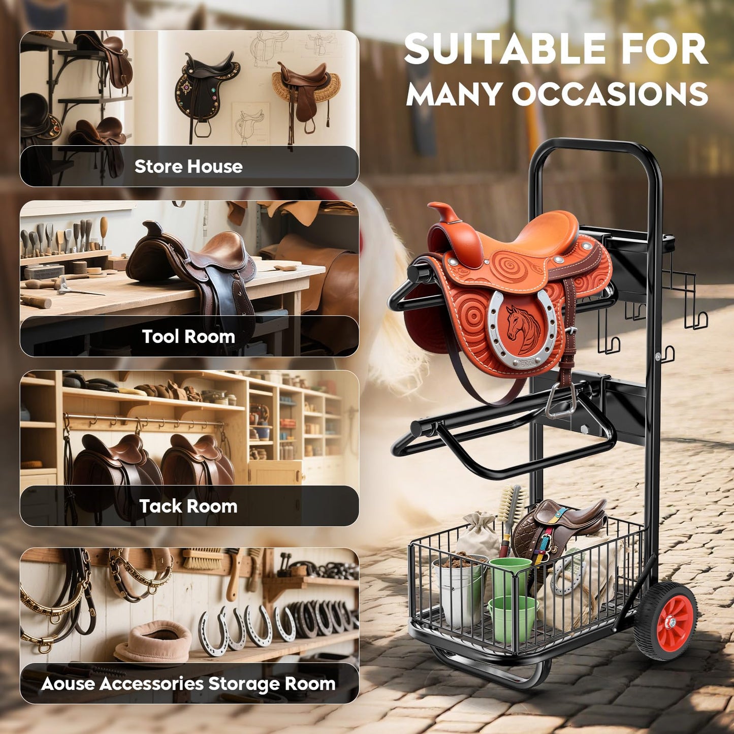 Rolling Saddle Rack Cart with Wheel, Horse Saddle Rack Dolly, Heavy Duty Horse Equipment Cart for Storage, Moving, Organizing, and Transporting Supplies