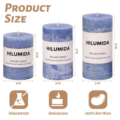Blue Pillar Candles Set of 3 - Hand-Poured Unscented Candles,Smokeless Dripless Candles for Dinner Table and Home, Set of 3 in Different Sizes (3"x4", 3"x5", 3"x6")