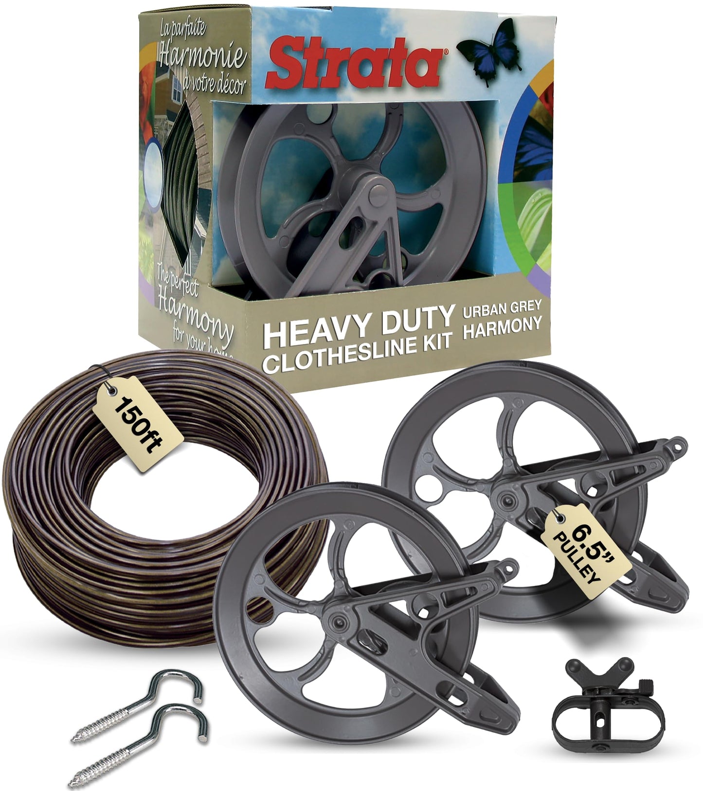 Strata Urban Grey Harmony Clothesline Outdoor Heavy Duty Kit - 150 Feet Galvanized Wire PVC Coating, 6.5" Clothes line Pulley 2pcs, Metal Mini Winch Tightener 1pc & 2 Metal Hooks