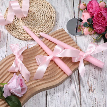 MTLEE 24 Pcs Taper Candles Bow Candle with 72 Ft Ribbons Bows Unscented and Smokeless 0.87 x 10 Inch Tall Candlesticks with Cotton Wick Long Burning for Wedding Dinner Coquette Holiday Party(Pink)
