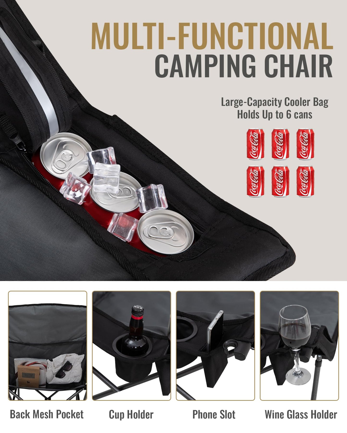 KingCamp Oversized XL Camping Chair, Heavy Duty 500lbs Folding Couch for Adults, Padded Large Comfortable Sofa Seat with Cooler Bag Cup Holder for Outdoor Sports Fishing Patio Lawn, Black/Grey