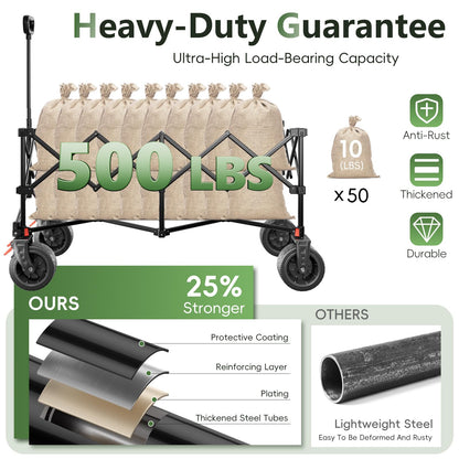46" L Collapsible Foldable Extended Wagon, 500LB Weight Capacity with 280L Heavy Duty Folding Cart,Utility Wagon with All-Terrain Beach Wheel & Drink Holders,Black
