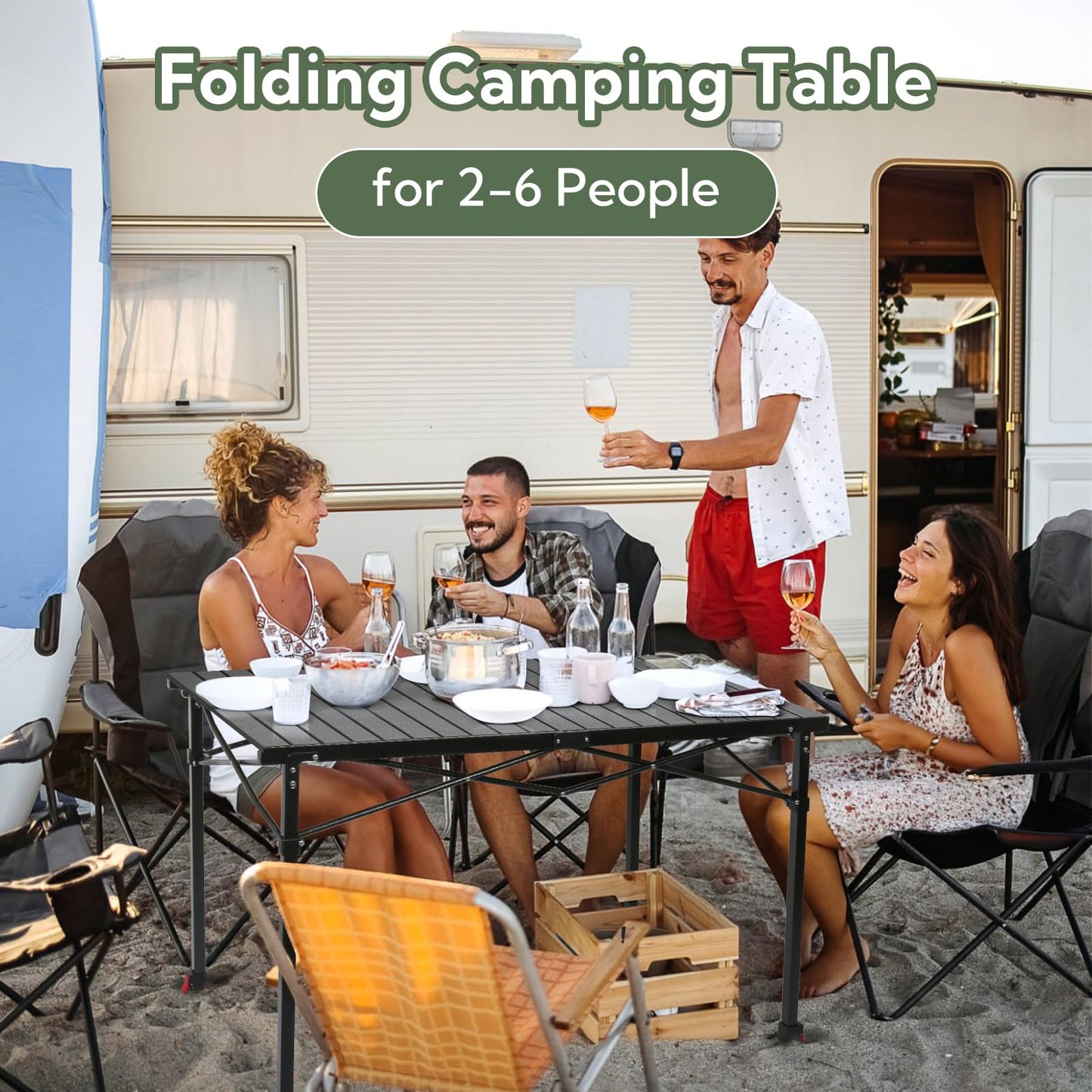 Join Nature Portable Outdoor Adjustable Height Camping Table, Large for 2-6 Person, Foldable Roll-up Aluminum Camp Table with Carry Bag for Picnic, Camp, Sturdy, Stable, Loads 220 Lbs (Black)