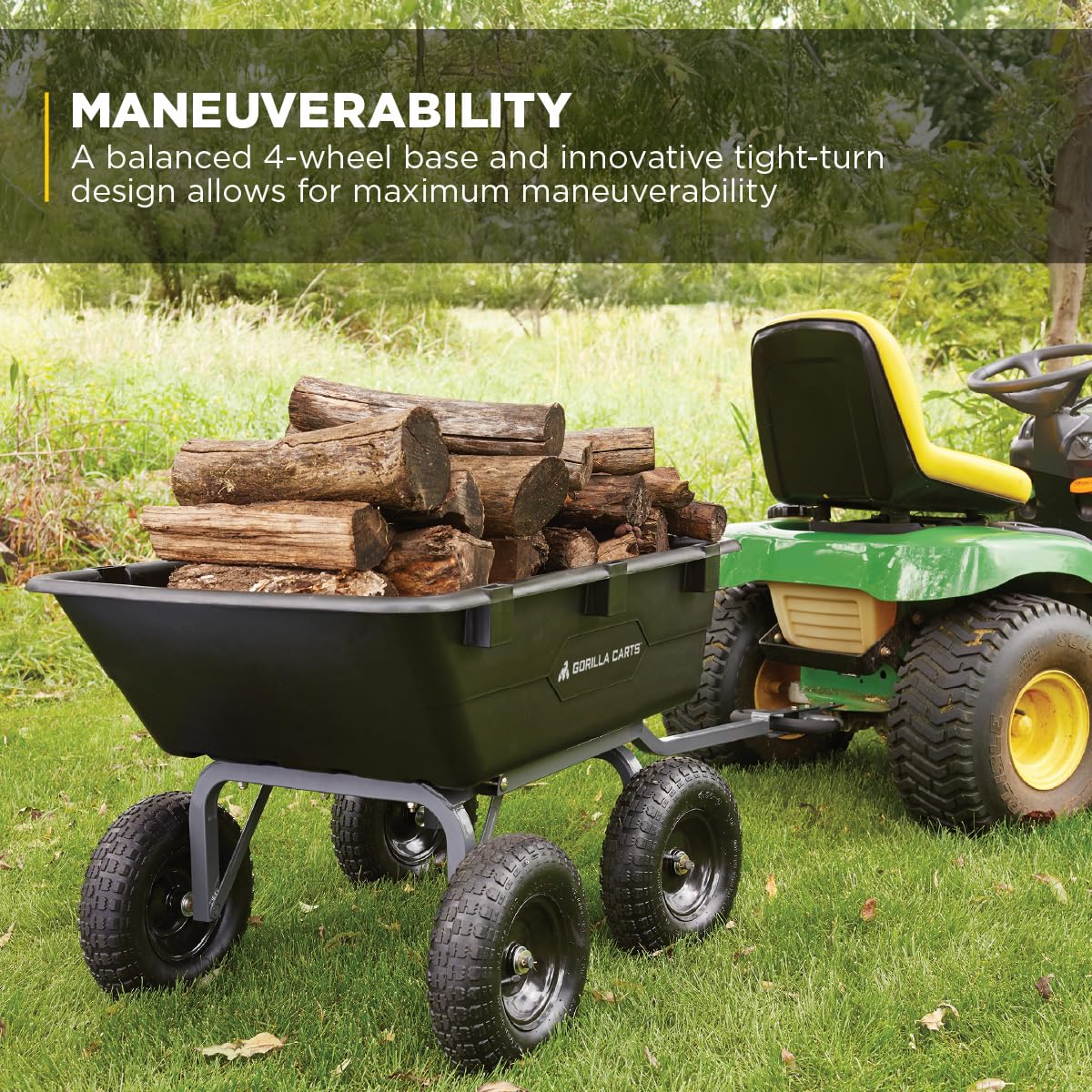 Gorilla Carts Heavy-Duty Poly Yard Dump Cart, 6 Cu Ft Tub, 1200 lb Haul Capacity, Black – Towable Utility Wagon with Quick-Release Dumping & Pneumatic Tires for Landscaping and Gardening