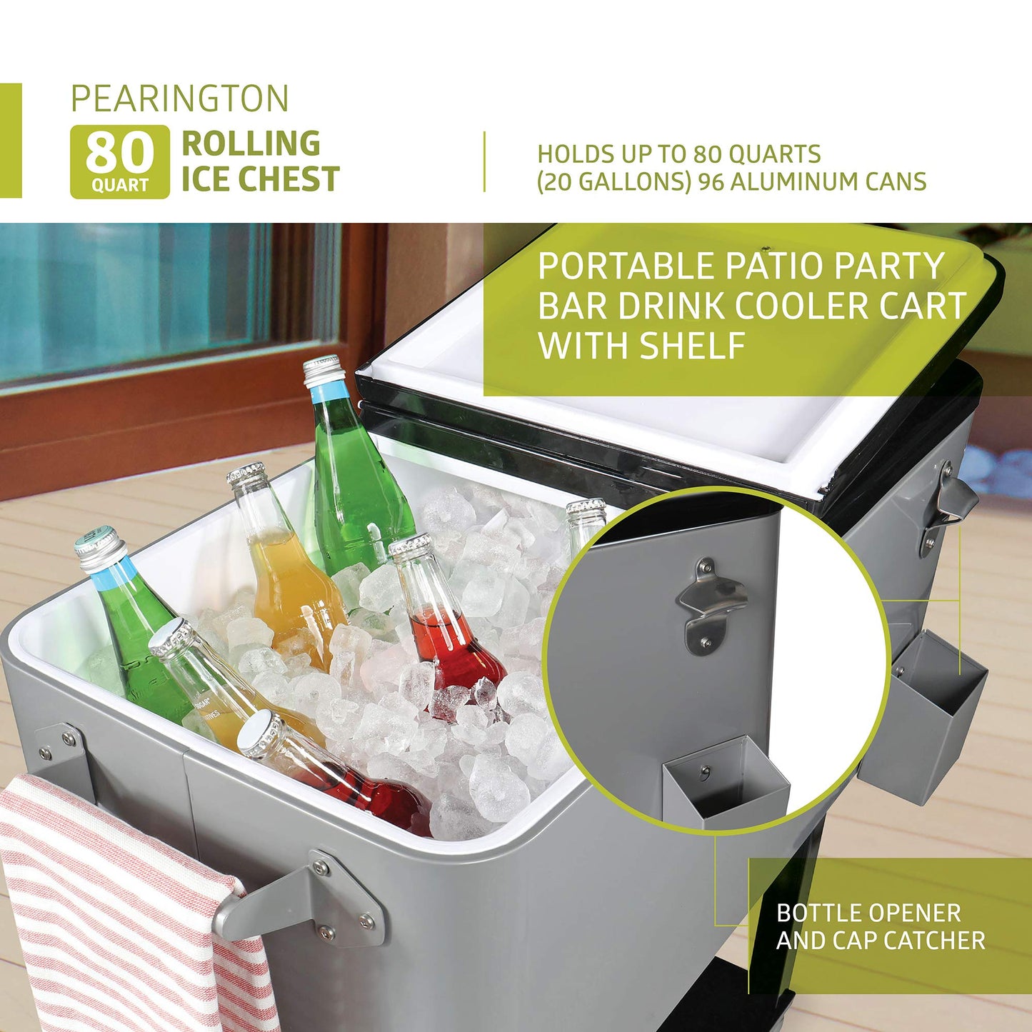 Pearington 80 Quart Rolling Ice Chest, Portable Patio Party Bar Drink Cooler Cart, with Shelf, Beverage Pool with Bottle Opener, Grey