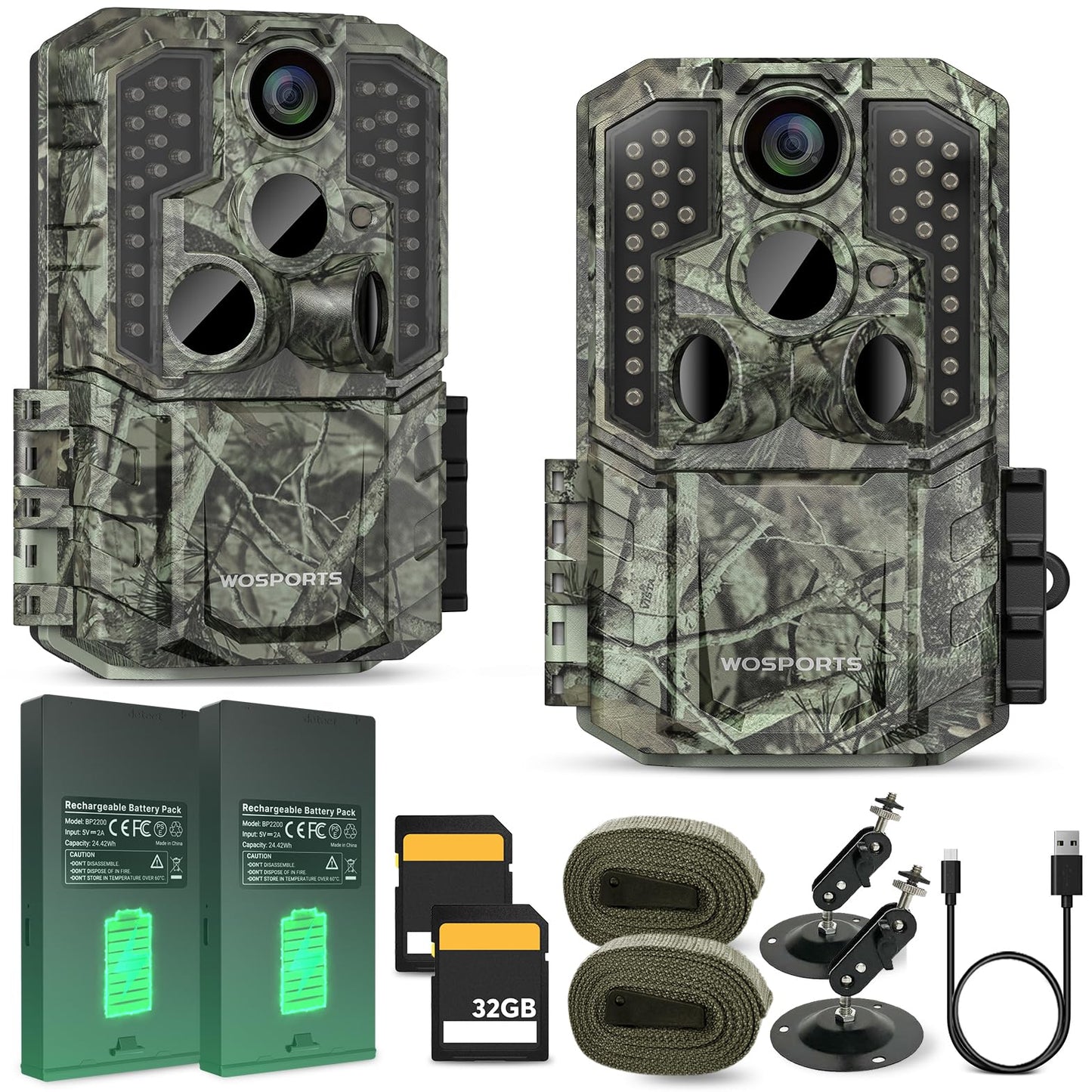 WOSPORTS Rechargeable Trail Camera 2Pack 56MP 4K Game Cam 0.2s Trigger No Glow Night Vision Motion Activated 120° Wide Lens 2.0” LCD Wildlife Camera Outdoor Scouting