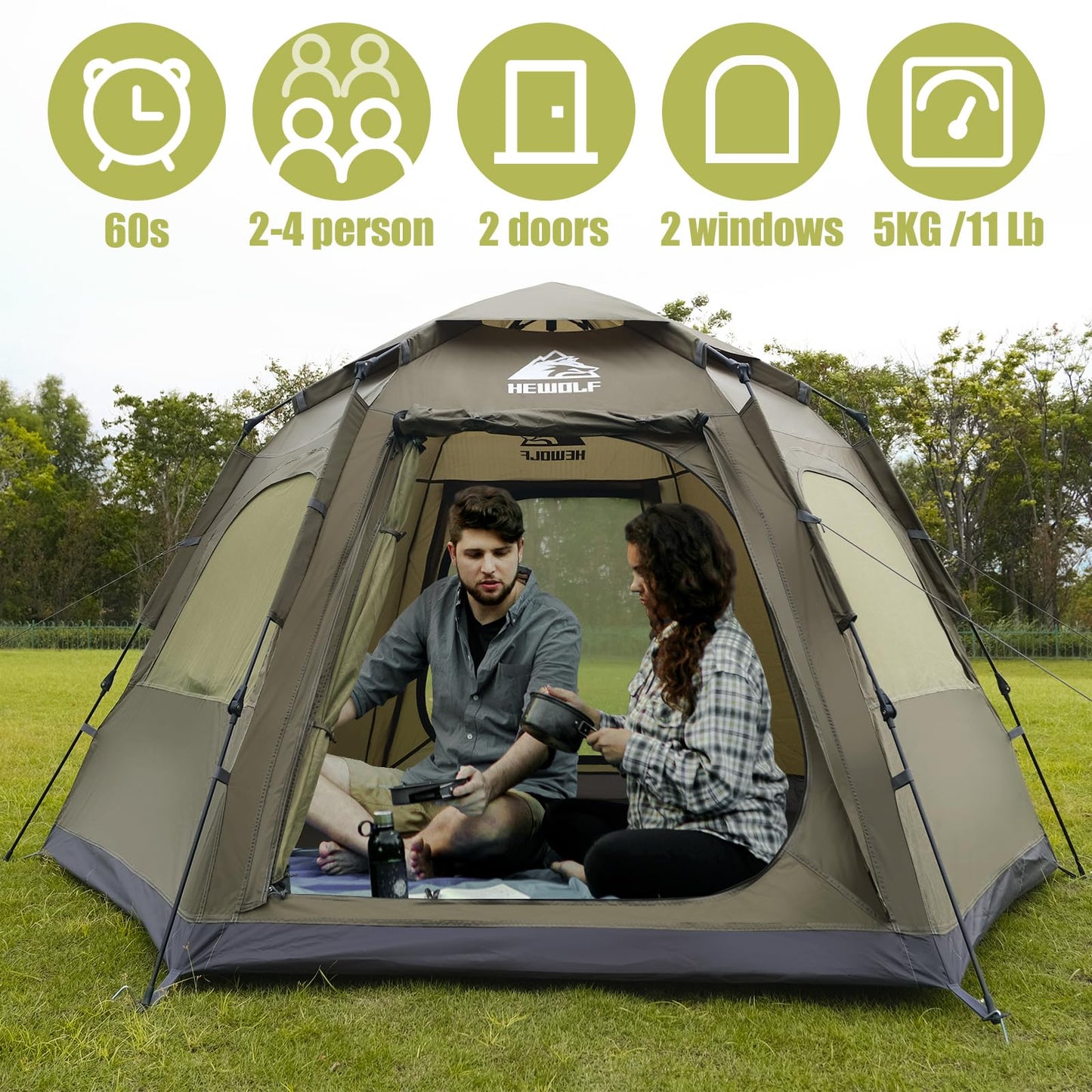 Hewolf 2/3/4 Person Camping Tent - Instant Pop Up Waterproof 2 Doors Tent with Easy Setup | 3-Season Hexagonal Dome Design for Family, Hiking & Traveling (Green)