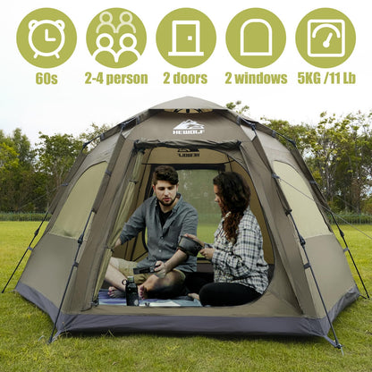 Hewolf 2/3/4 Person Camping Tent - Instant Pop Up Waterproof 2 Doors Tent with Easy Setup | 3-Season Hexagonal Dome Design for Family, Hiking & Traveling (Green)