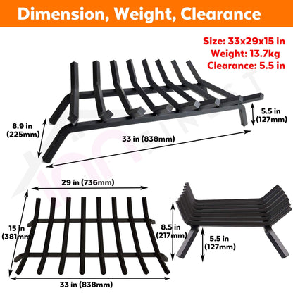 InnFinest 33 inch 8 Bar Fire Grates, Heavy Duty Solid Steel Indoor Chimney Hearth Outdoor Fire Place Kindling Tool Pit Wrought Iron Wood Stove Firewood Burning Rack