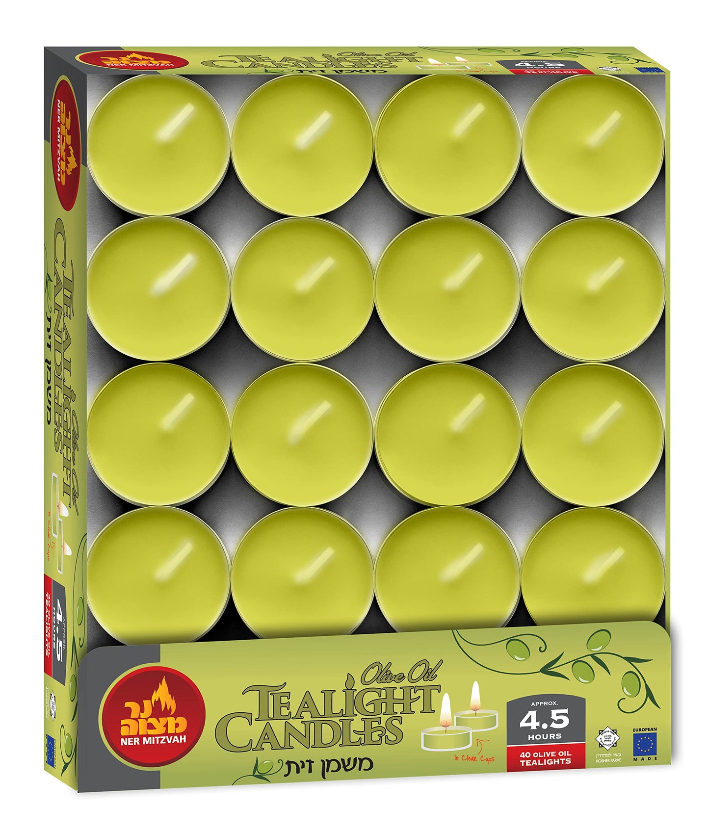 Olive Oil Tea Light Candles - 40 Pack - Clear Cup Unscented Travel, Centerpiece, Decorative Candle - 4.5 Hour Burn Time - by Ner Mitzvah