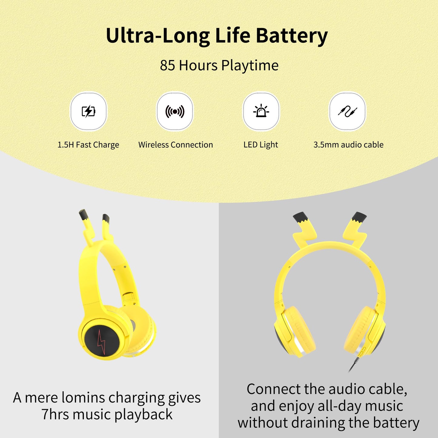 YLFASHION Wireless Kids Headphones with 7-Color LED Lights, 85dB Safe Volume & 40H Playtime – Ultra-Soft Over-Ear for School Travel