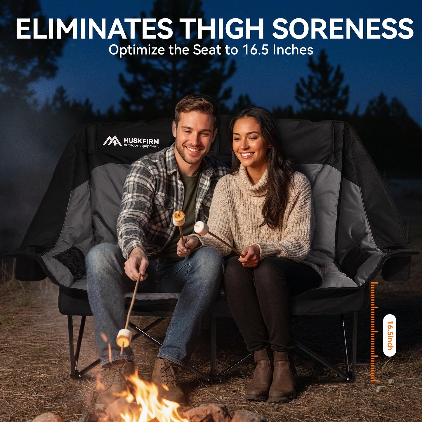 Huskfirm High Back Double Camping Chair 2 Person Camping Chair Low Seat Loveseat Camping Chair Fully Padded Oversized Camping Couch for Adults - Supports 650 LBS with Cup Holders Carry Bag - Black