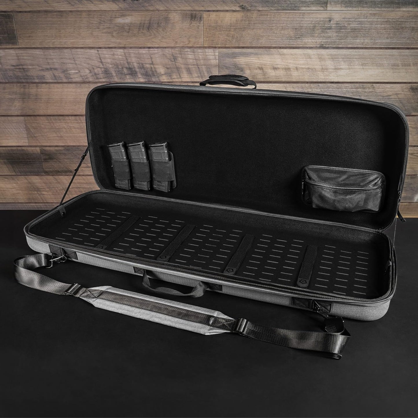 GRITR 42" Double Gun Case for Rifles & Shooting Accessories, Scoped Rifle EVA Case w/Durable Foam Insert, Lockable Zippers, 3-Mag Caddy, Zippered Pouch & Adjustable Shoulder Strap, Gray