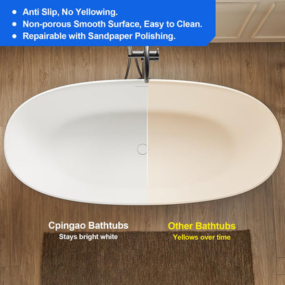 Cpingao 63" Solid Surface Freestanding Bathtub, Modern Oval Shape Soaking Tub, Stone Resin Stand Alone Bathtub with Drain & Integrated Slotted Overflow Matte White 8845-1600
