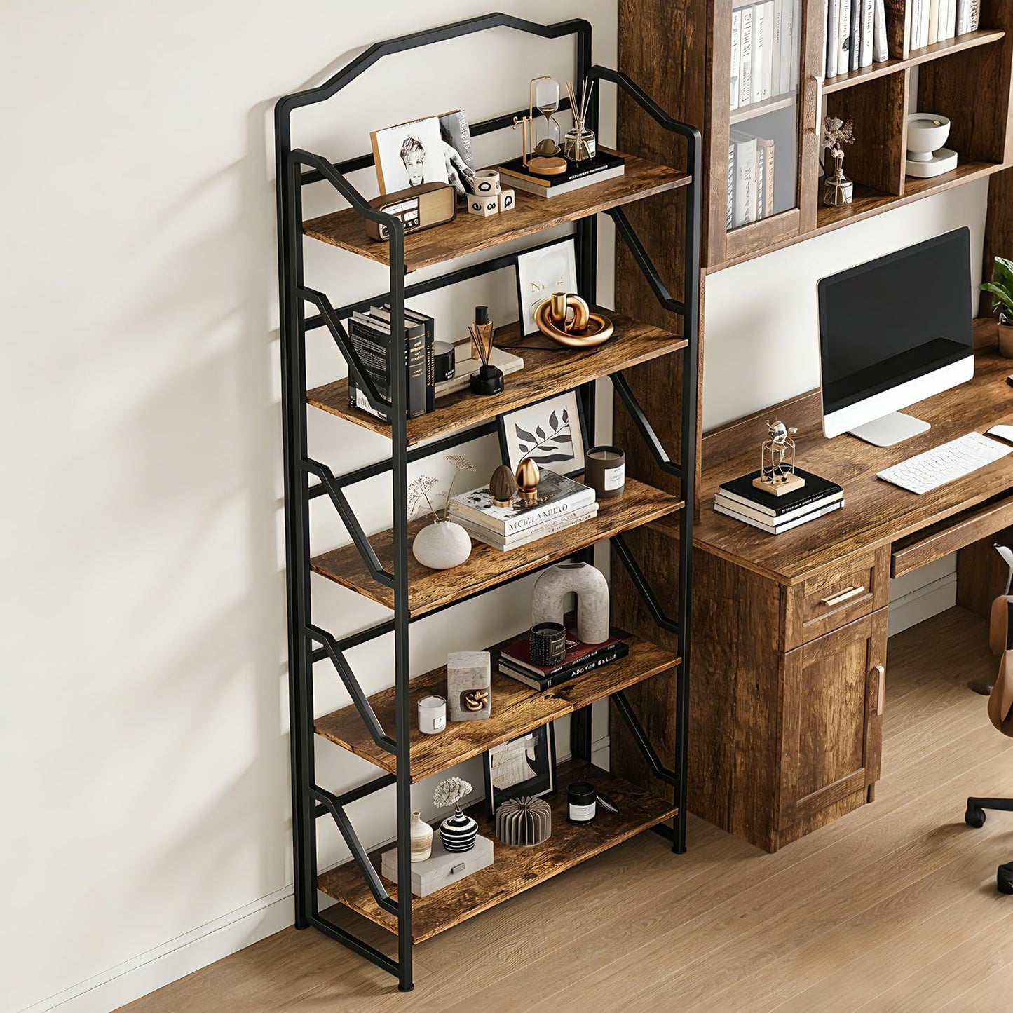 JSB 5 Tier No Assembly Folding Bookshelf, Foldable Storage Bookcase for Home Office, Space-Saving Storage Shelf for Living Room, Bedroom (Rustic Brown, 5-Tier)