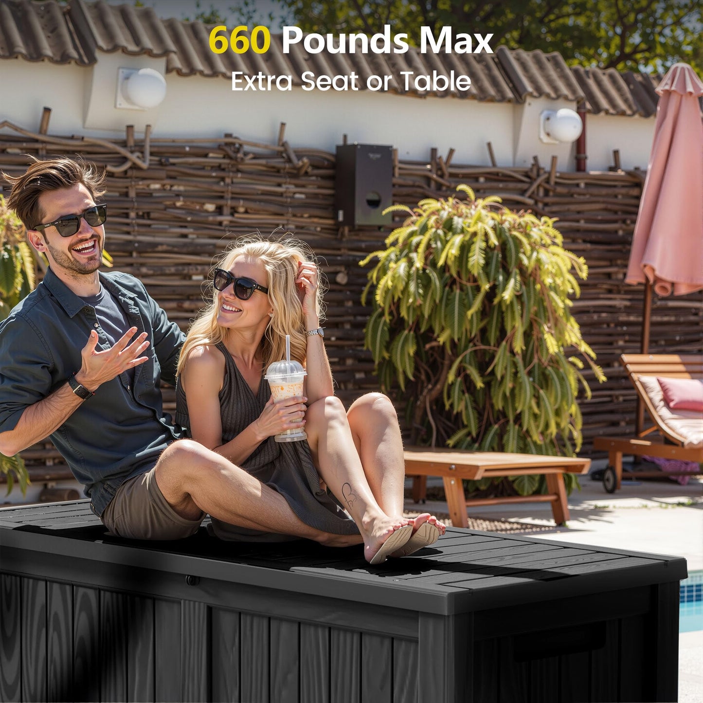 Zapdos Outdoor Storage Box, 120 Gallon Deck Box with Stainless Steel Rods, Waterproof Large Resin Storage Bin for Patio Cushions Garden Tools, Lockable Outside Storage Box, Black