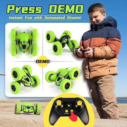 Threeking Remote Control Car RC Flip Stunt Double Sided Driving Cars Toys for Boys Girls Ages 6-12 4WD 360° Flips with Breathing Soft Lights Presents Gifts Green