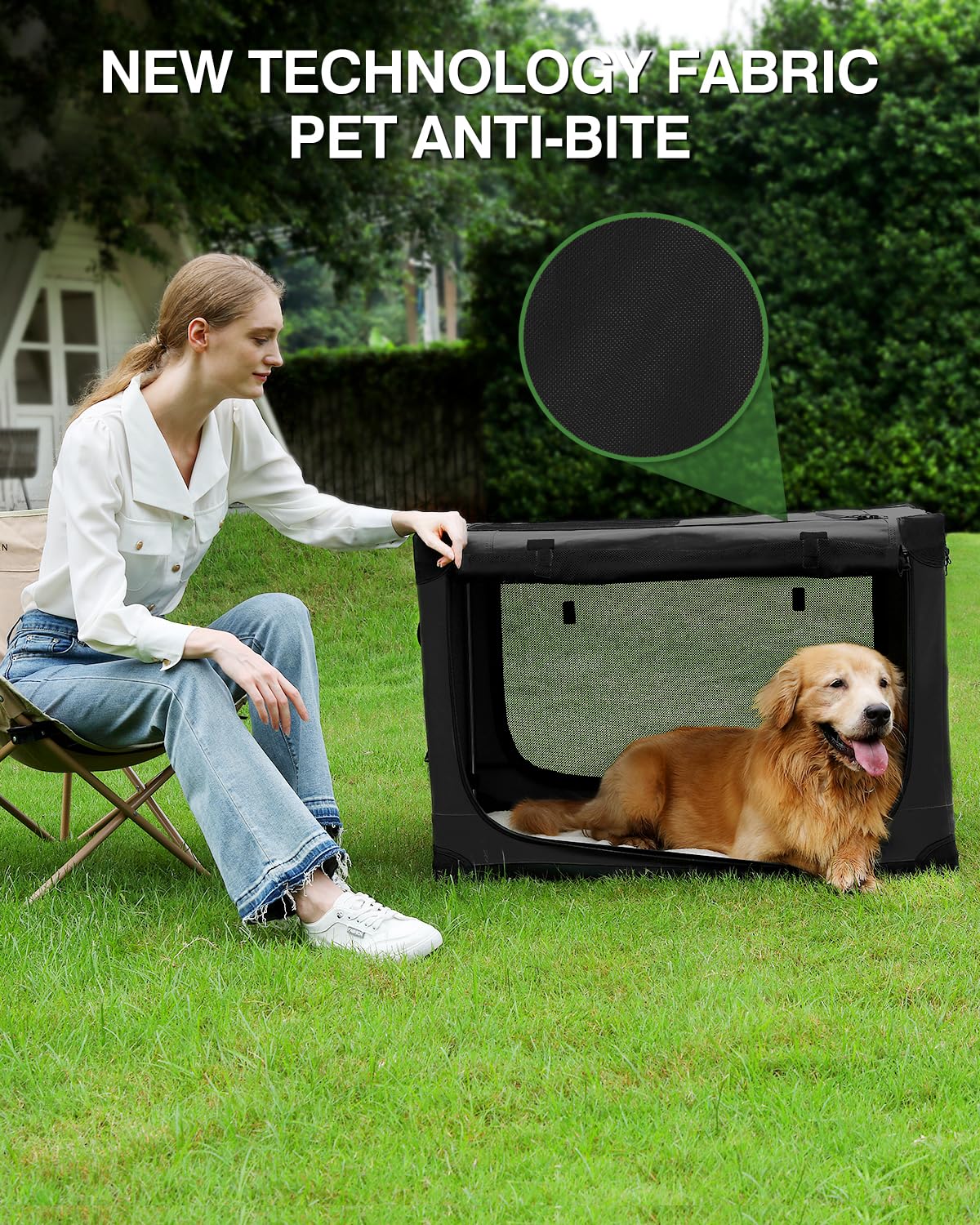 33 x 25 x 25 Inch Collapsible Soft Dog Crate for Dogs Up to 70 lbs, Portable Travel Pet Kennel with 4 Zip Doors, Foldable Indoor Outdoor Crate with Mat, Carry Bag, Black