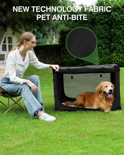 33 x 25 x 25 Inch Collapsible Soft Dog Crate for Dogs Up to 70 lbs, Portable Travel Pet Kennel with 4 Zip Doors, Foldable Indoor Outdoor Crate with Mat, Carry Bag, Black